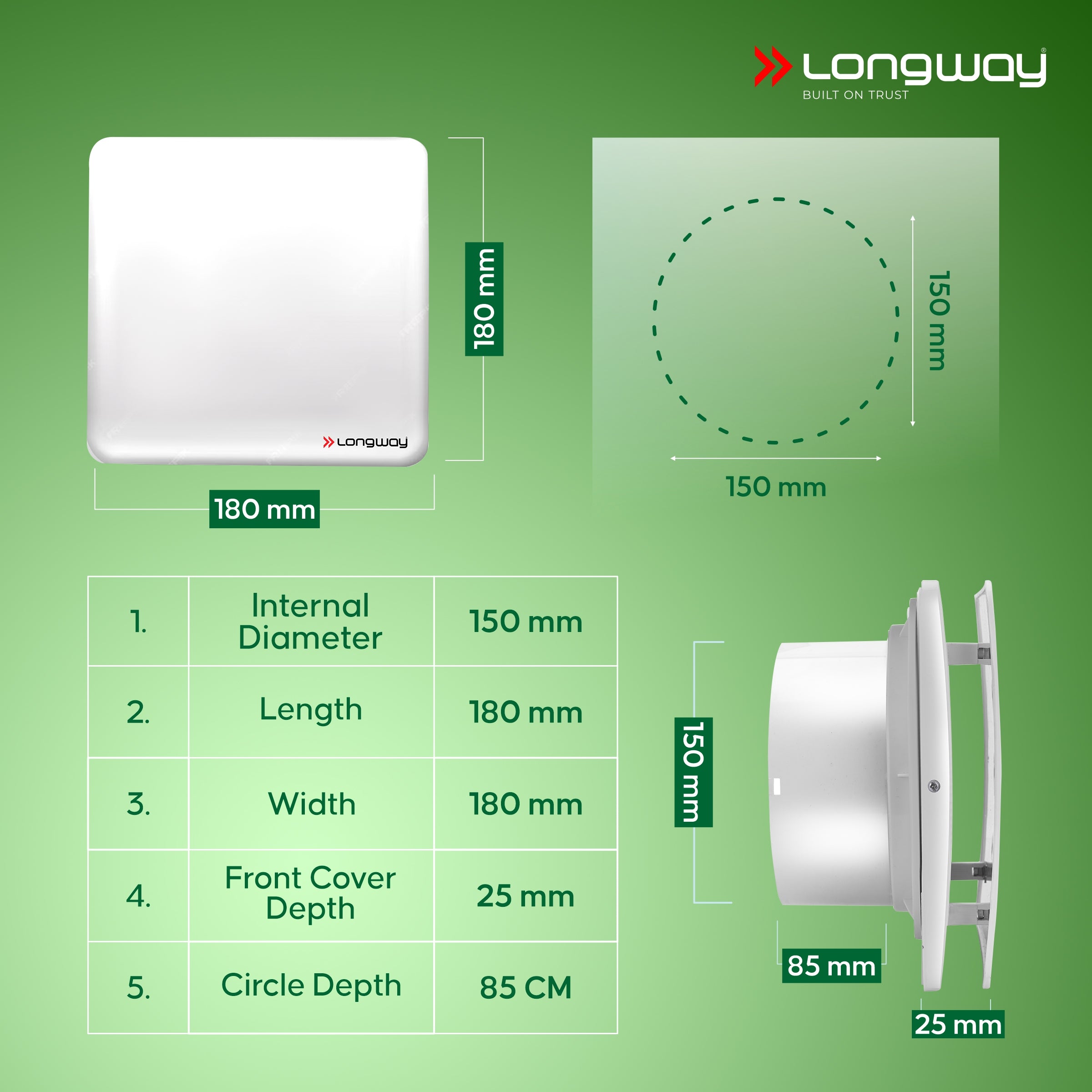 Longway FreshX 6 Inch 150 mm Energy Efficient Exhaust Fan | High Speed Powerful Motor | Noiseless Operation & Easy to Clean | Rust Proof |Suitable for Bathroom, Kitchen, Office | 2 Years Warranty