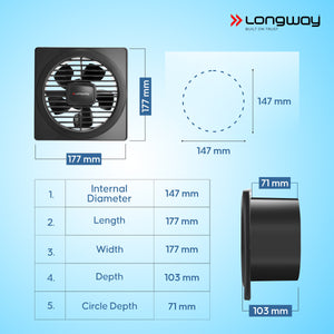 Longway Gusto 6 Inch 150 mm Energy Efficient Exhaust Fan | High Speed Powerful Motor | Noiseless Operation & Easy to Clean | Suitable for Bathroom, Kitchen, Office | 2 Years Warranty