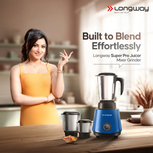 Longway Super Pro Juicer Mixer Grinder | Up to 500 - 750 Watt Max Output Powerful Motor | for Grinding, Mixing, Juicing | 2 Year Warranty