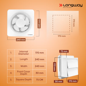 Longway Ventura 6 Inch 150 mm Energy Efficient Exhaust Fan | High Speed Powerful Motor | Noiseless Operation & Easy to Clean | Rust Proof with Anti Dust Shutters |Suitable for Bathroom, Kitchen, Office | 2 Years Warranty